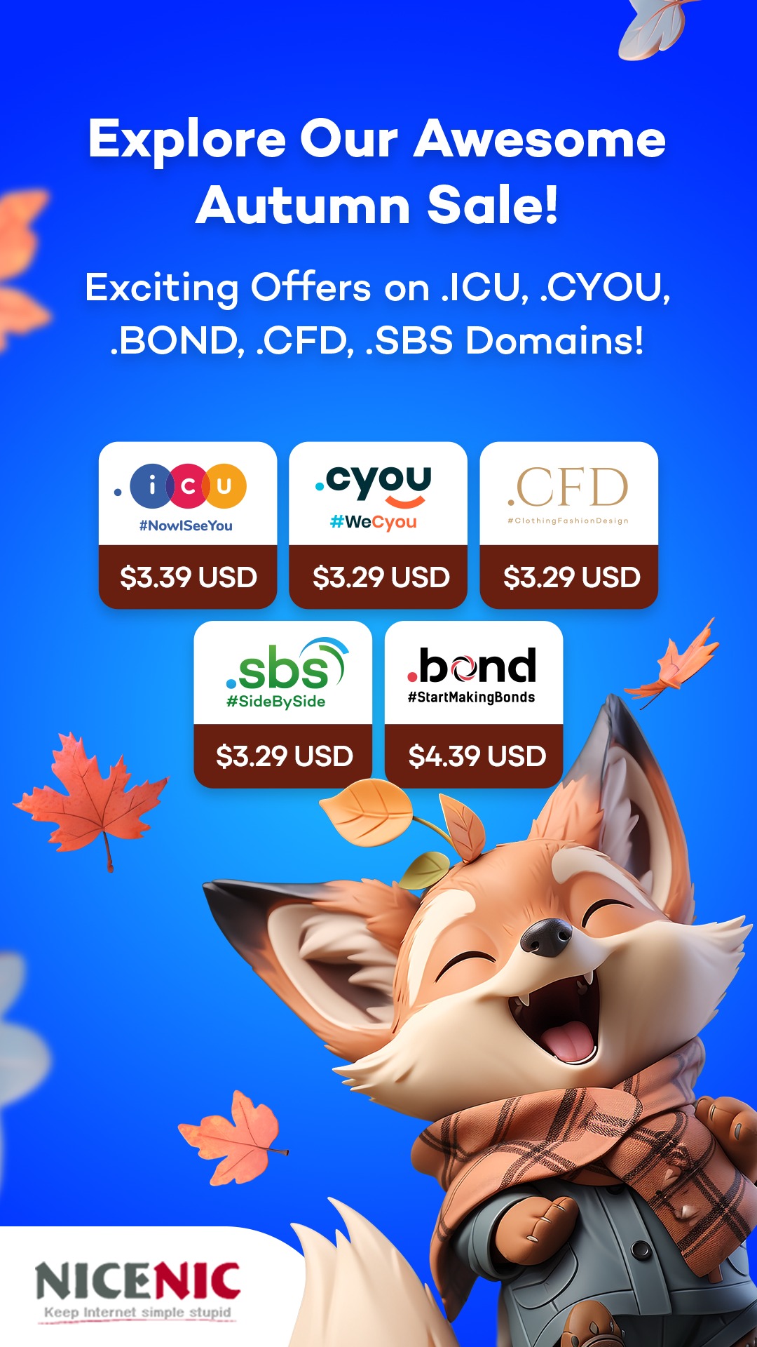 Special Offers on .ICU, .CFD, .SBS, .CYOU, .BOND Domain Names | NiceNIC.NET
