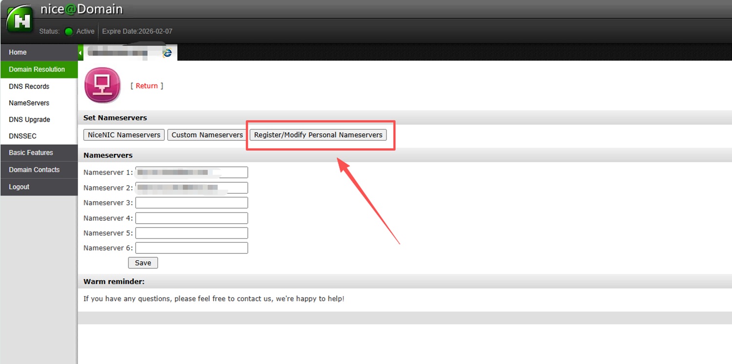 NiceNIC-Регистрация personal nameserver4