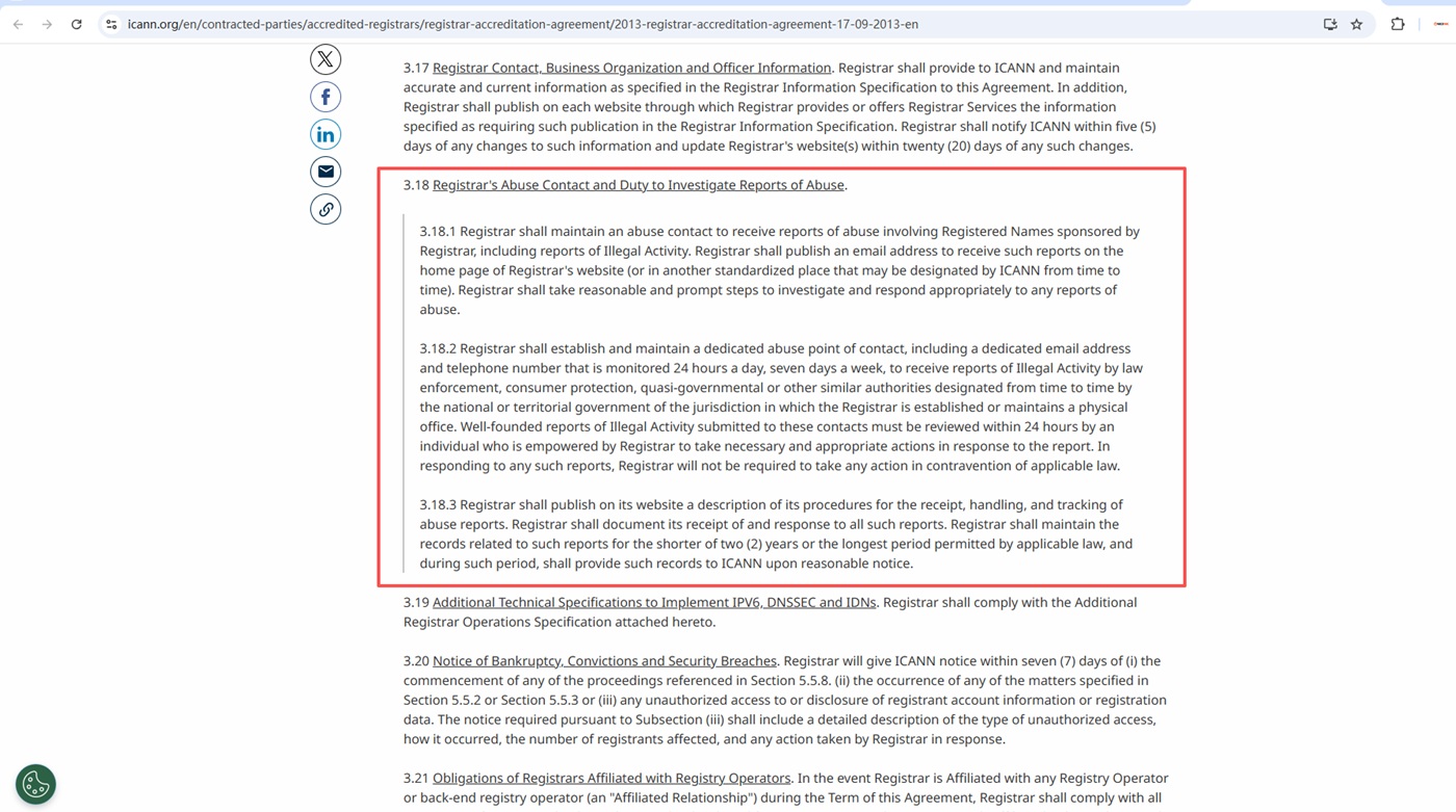 ICANN Registrar Accreditation Agreement RAA 3.18