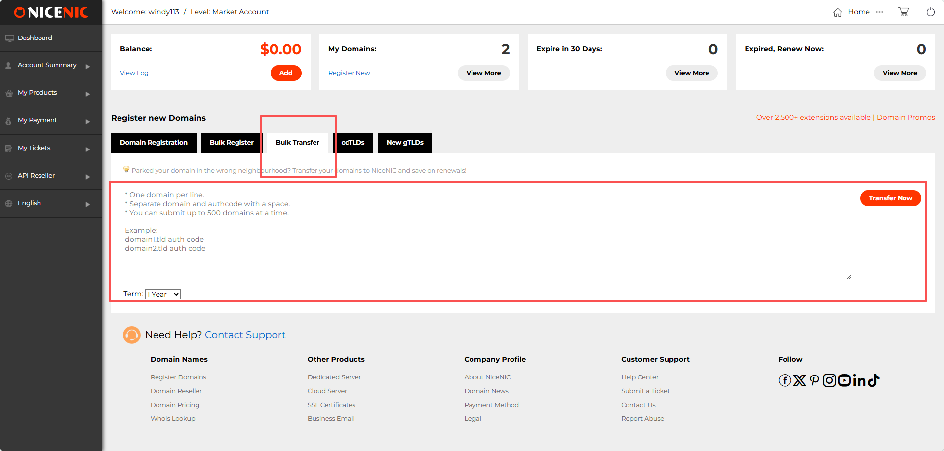NiceNIC Bulk Transfer supports submissions of up to 500 domains at a time.