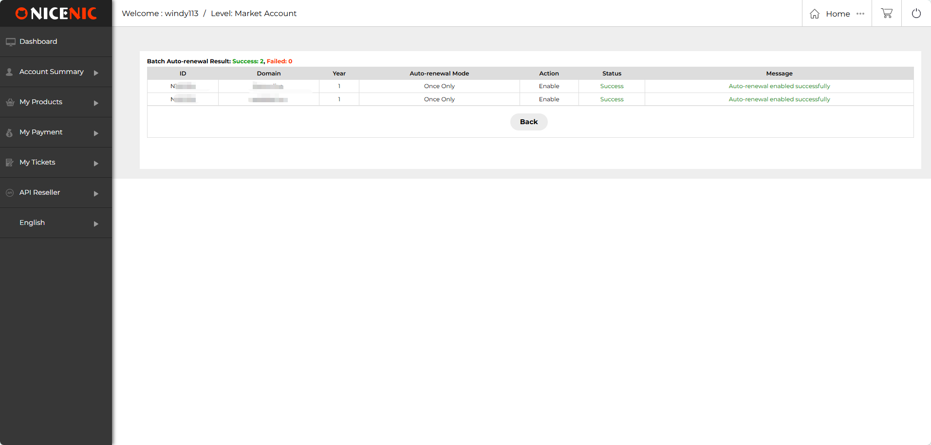 The result page shows whether the selected auto-renewal settings were successfully applied. The result page shows whether the selected auto-renewal settings were successfully applied.