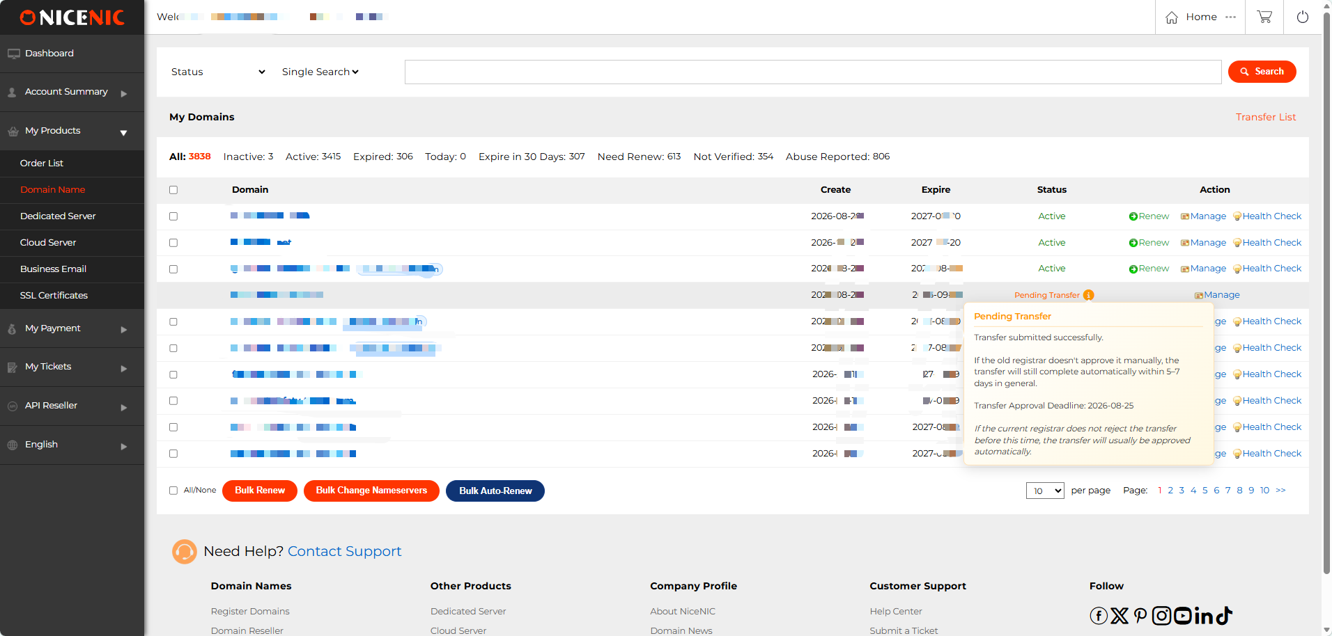 NiceNIC shows Pending Transfer status and gives customers more visibility into the transfer process
