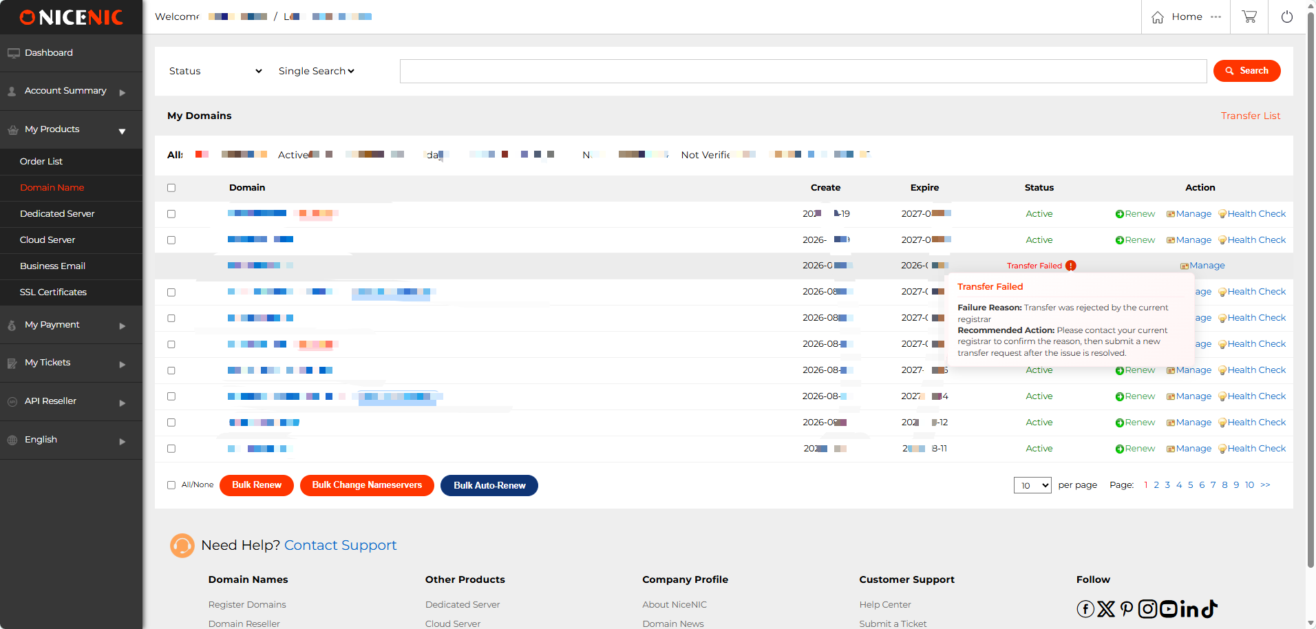 NiceNIC shows when a transfer failed because the current registrar rejected it