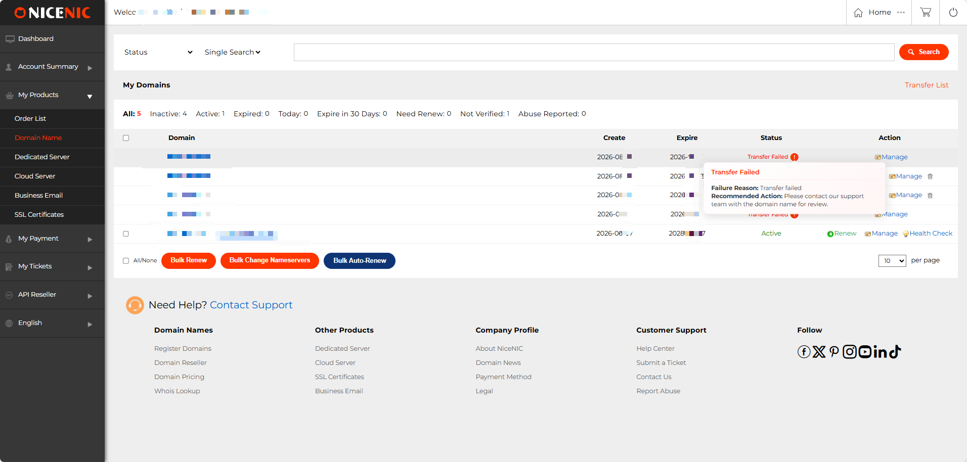 NiceNIC can also show transfer failure status together with the recommended next step