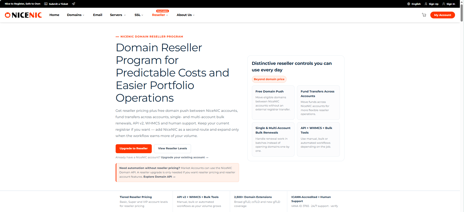 NiceNIC combines reseller pricing with bulk domain operations, API, WHMCS and account-management workflows.