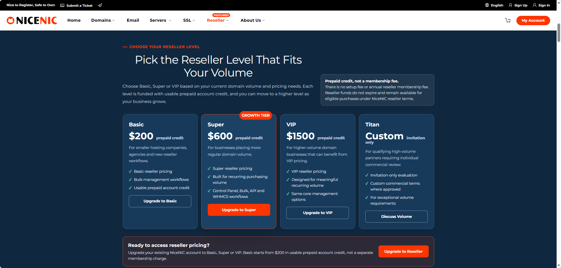 NiceNIC Basic, Super and VIP reseller levels use prepaid account credit rather than a separate annual reseller membership fee.