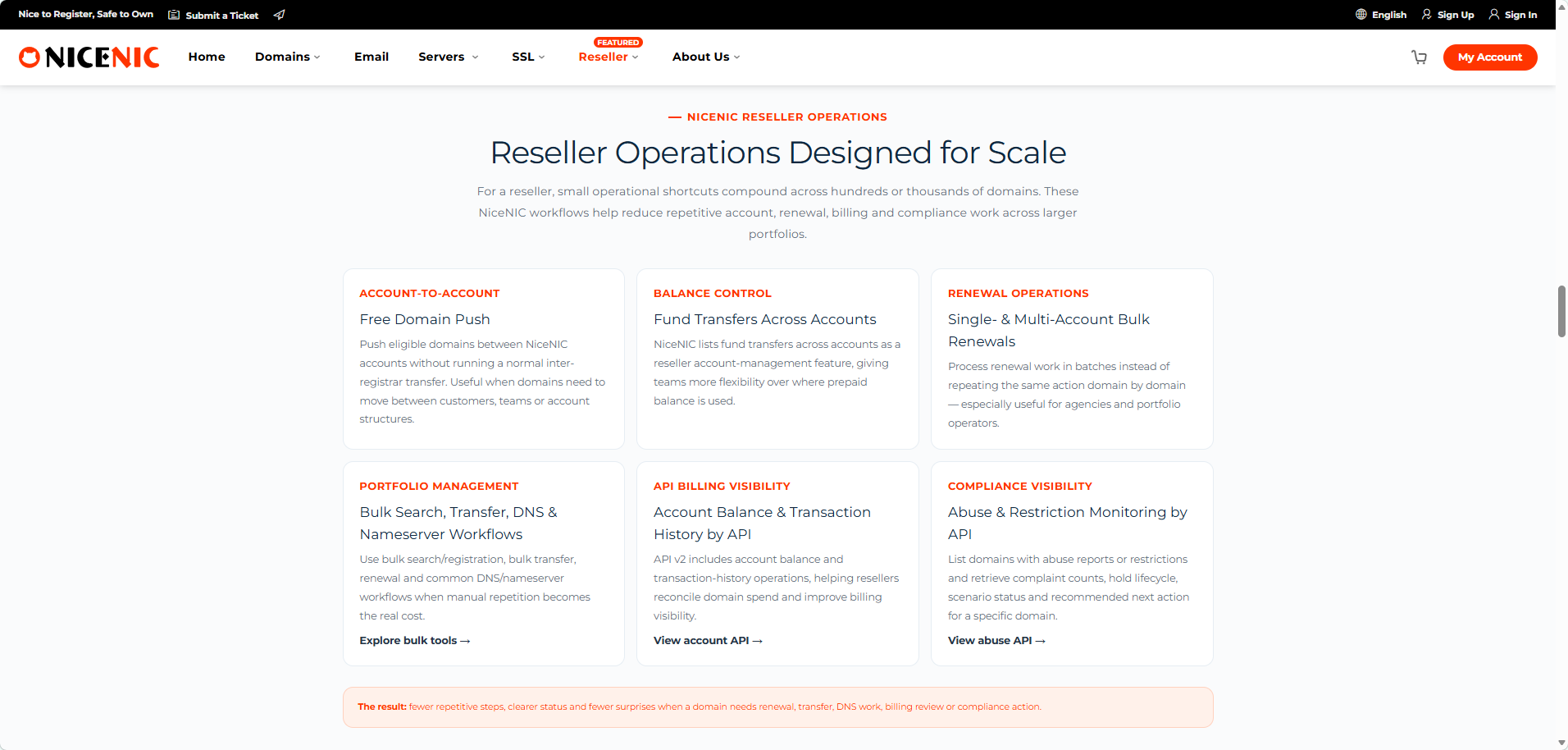 NiceNIC reseller operations support domain movement, balance management, bulk renewals, portfolio workflows and API-based operational visibility.