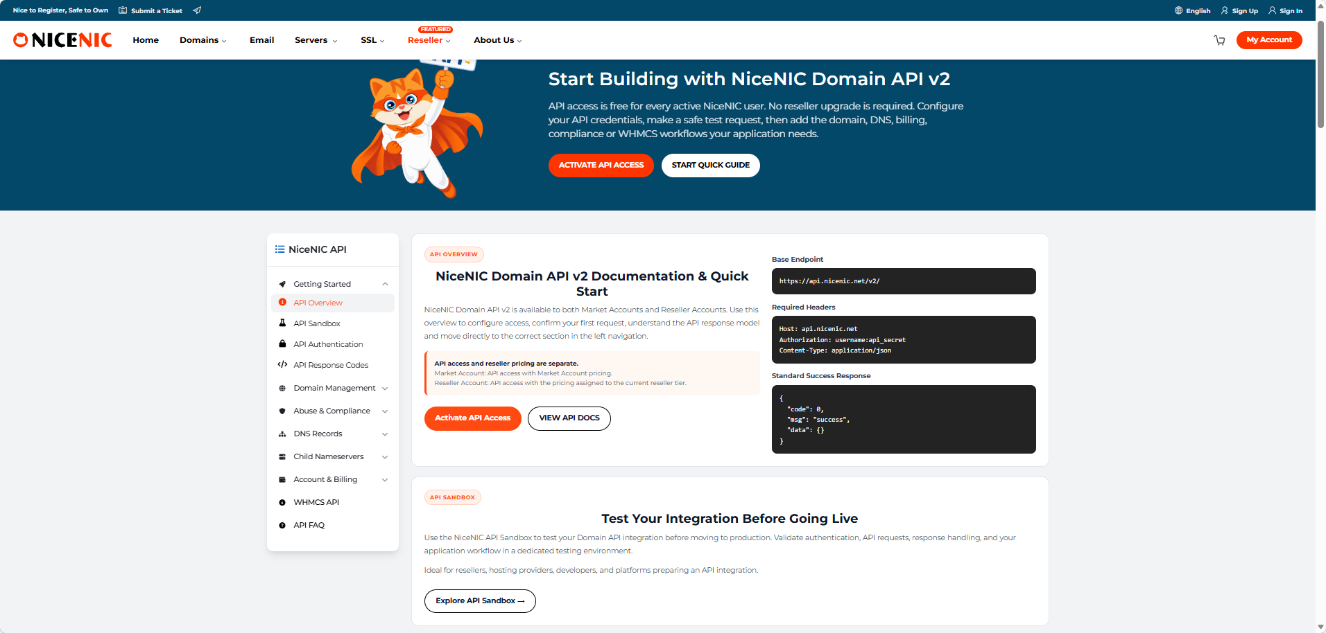 NiceNIC Domain API v2 organizes domain, DNS, account and integration workflows in one documentation structure, with the API Sandbox included in the Getting Started path.