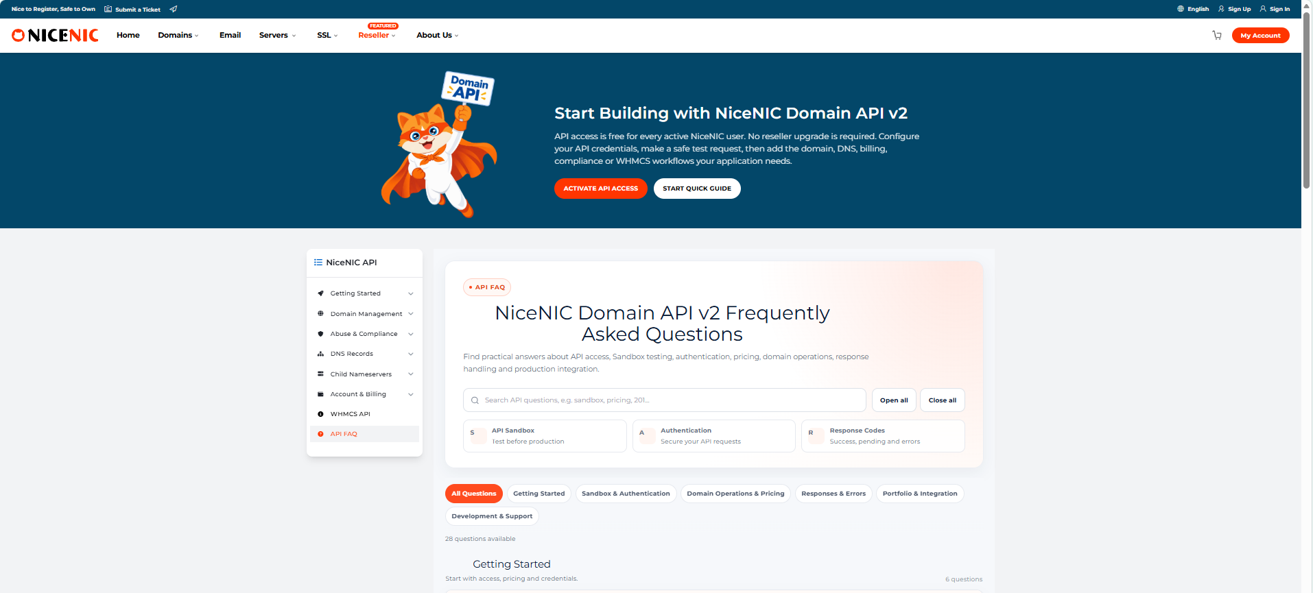 The NiceNIC Domain API v2 FAQ organizes 28 questions around API access, testing, pricing, responses, portfolio management and development support.