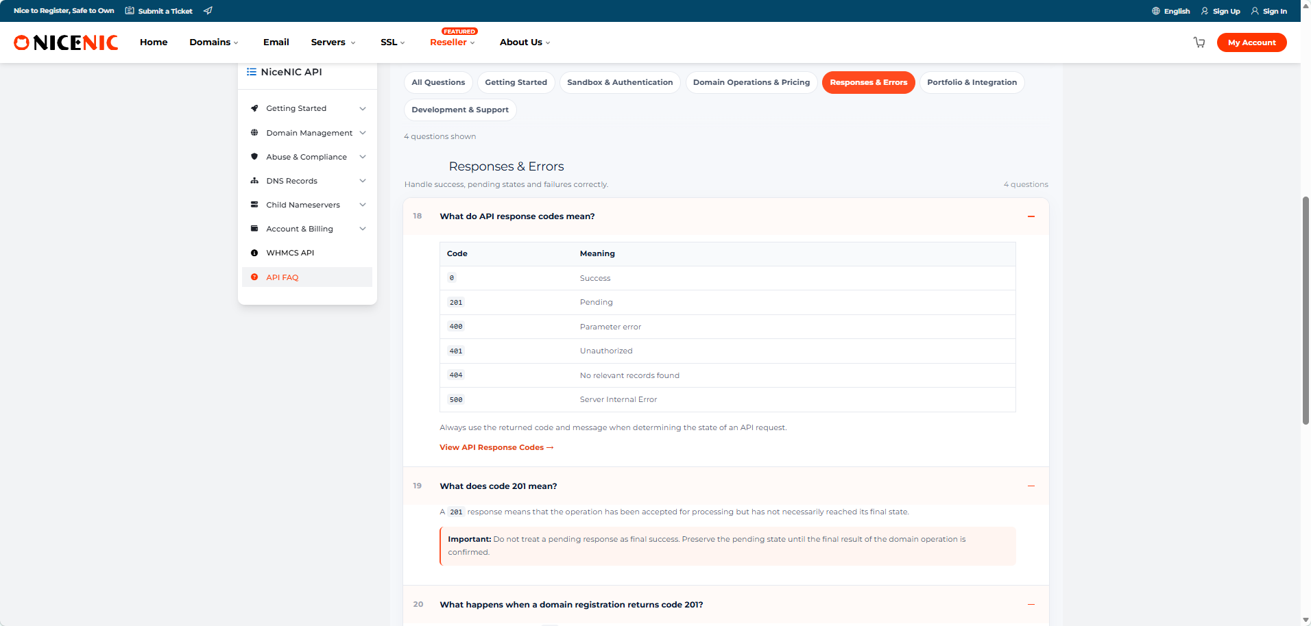 NiceNIC distinguishes final success from operations that are still pending. A 201 Pending result should not be treated as a completed domain registration or transfer.