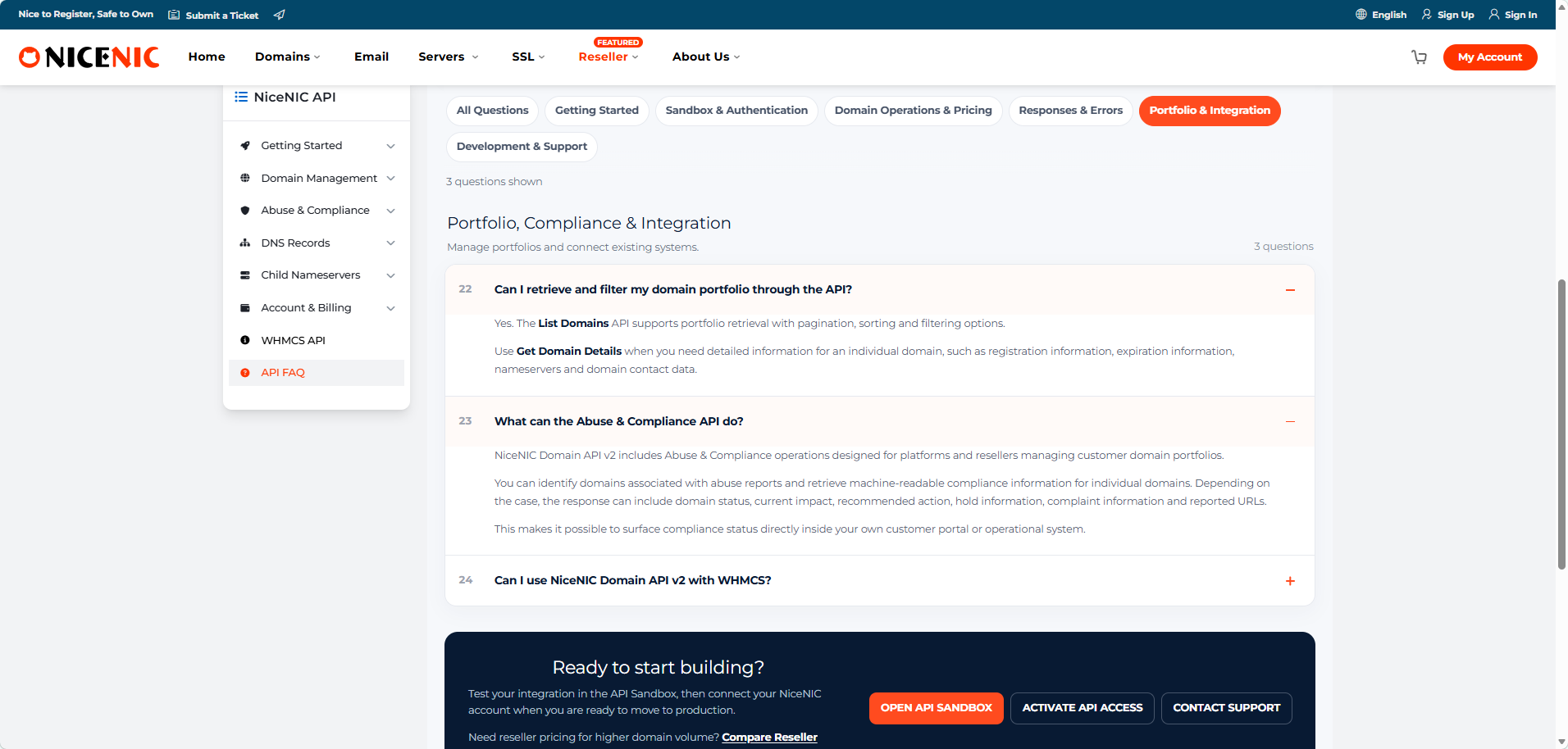 NiceNIC Domain API v2 supports portfolio queries and compliance-related operational visibility in addition to core domain lifecycle functions.