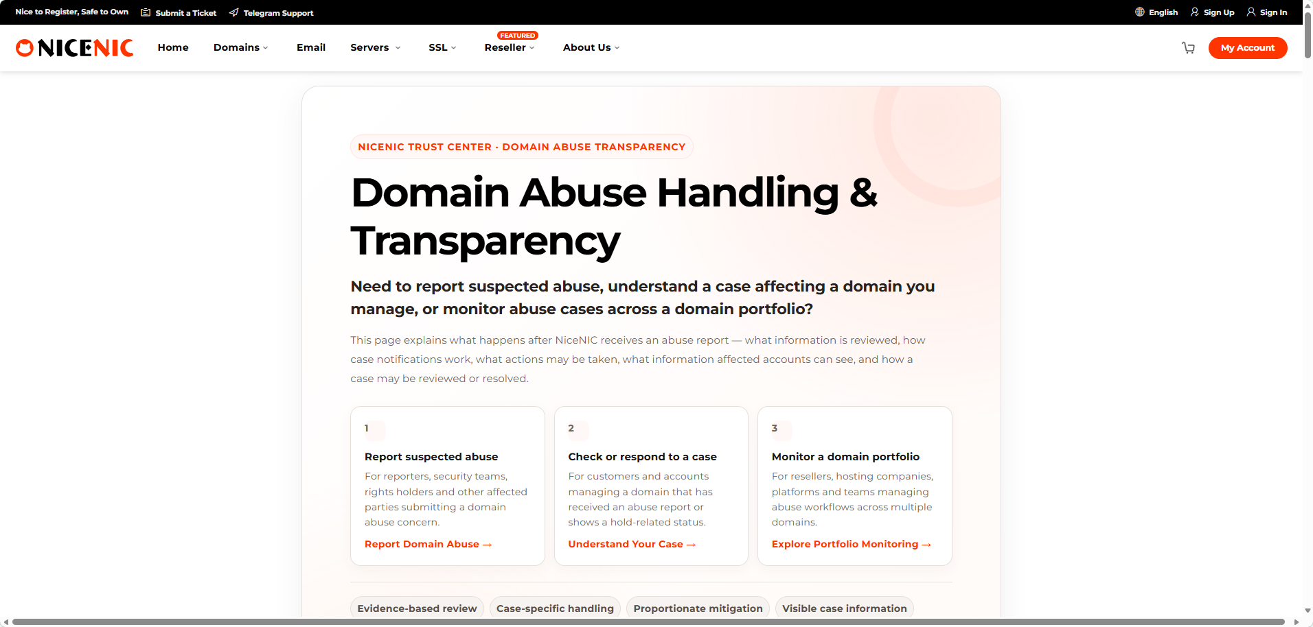 NiceNIC’s Domain Abuse Handling & Transparency page gives reporters, affected customers and portfolio managers separate paths for reporting, reviewing and monitoring abuse cases.