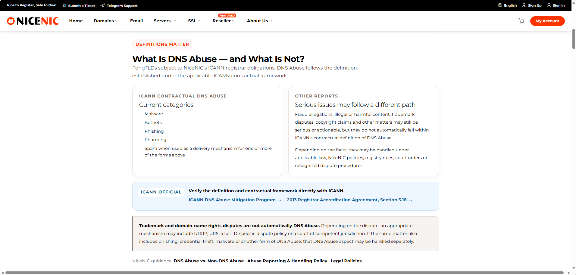NiceNIC separates ICANN-defined DNS Abuse from other complaints that may require different legal, registry, hosting or dispute-resolution paths.