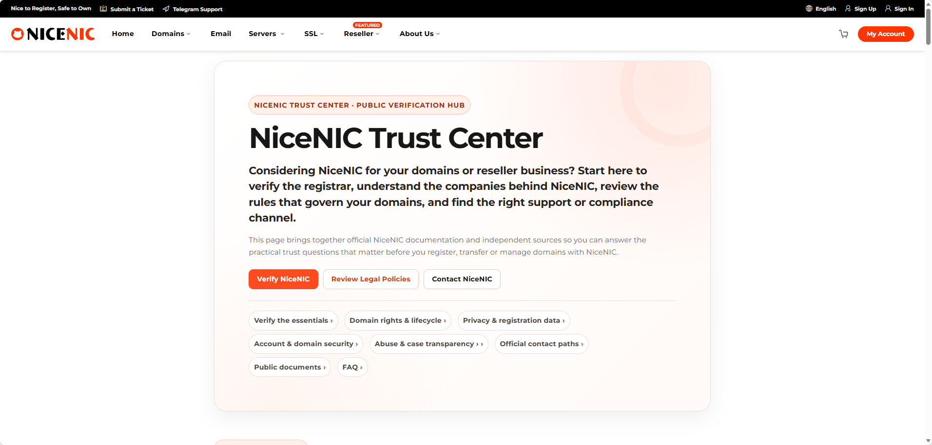 The NiceNIC Trust Center brings registrar verification, domain policies, security, abuse transparency and official support paths into one public hub.