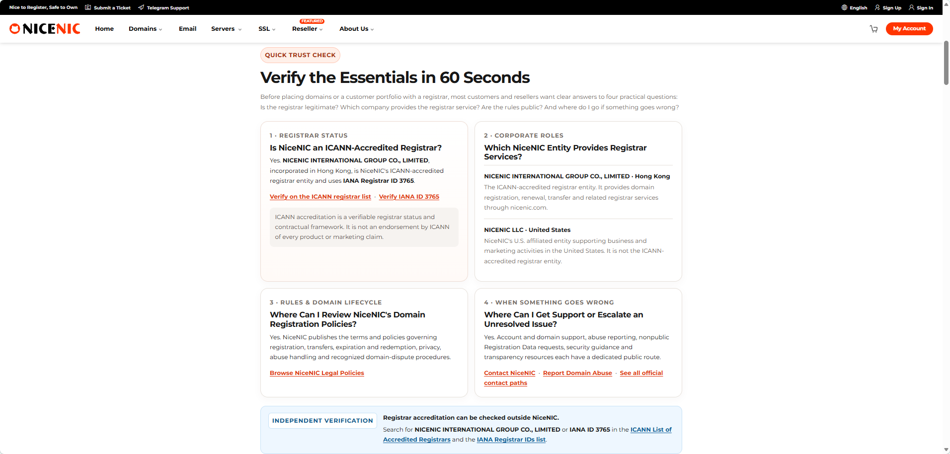 NiceNIC lets visitors independently verify its registrar status, legal entity, published domain policies and official support paths.
