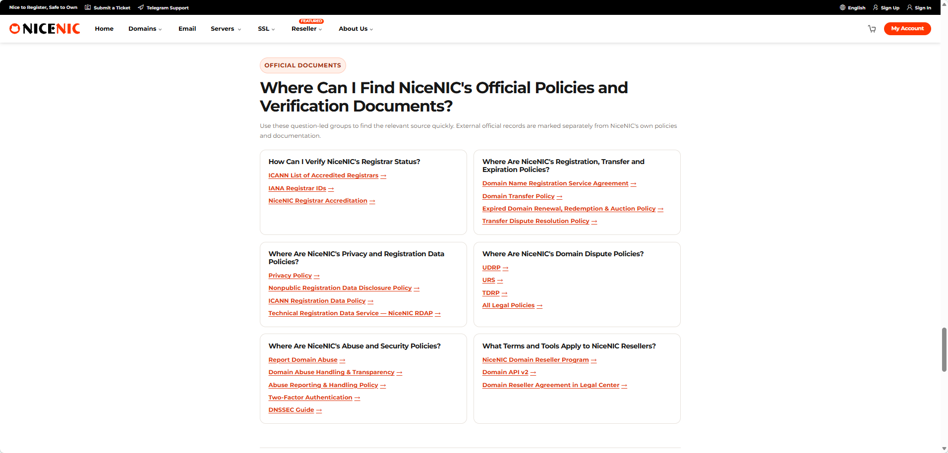 NiceNIC groups registrar verification, registration, transfer, expiration, privacy, dispute, security and reseller documentation in one public source index.