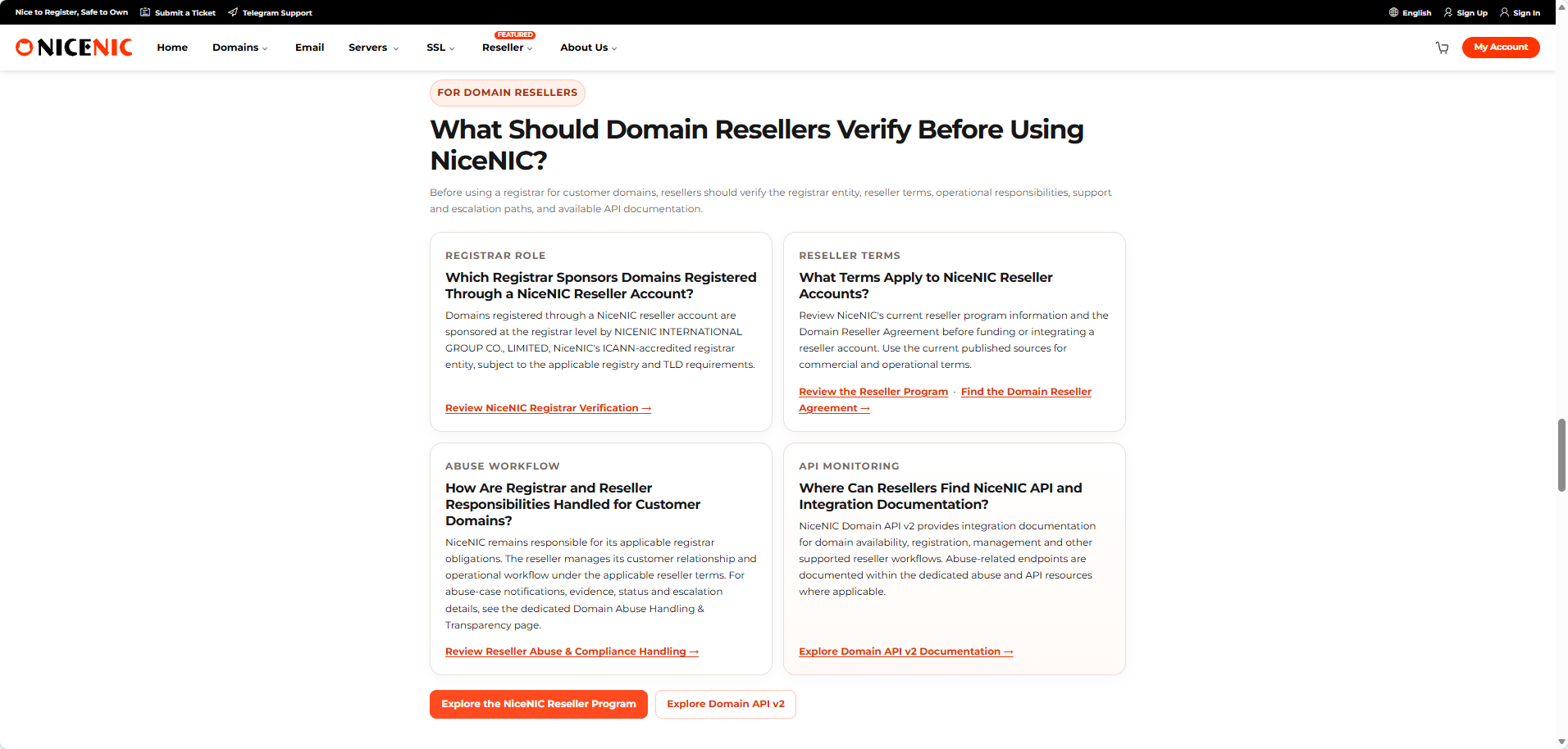 NiceNIC’s Trust Center gives resellers public access to registrar-role, reseller-term, abuse-workflow and API documentation before they commit customer domains.