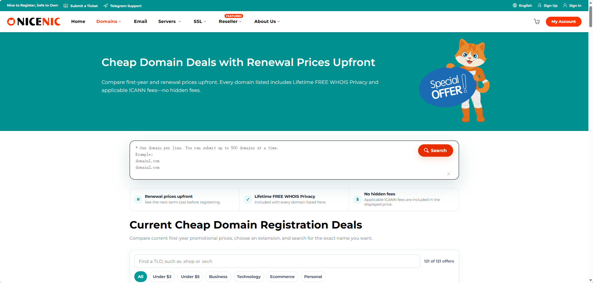 NiceNIC cheap domain registration deals with renewal prices and free WHOIS privacy
