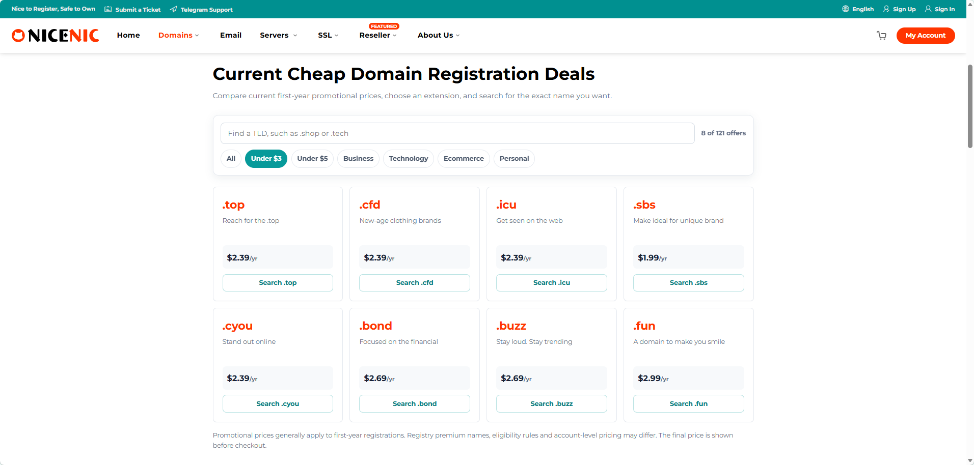 Cheap domain names under $3 at NiceNIC