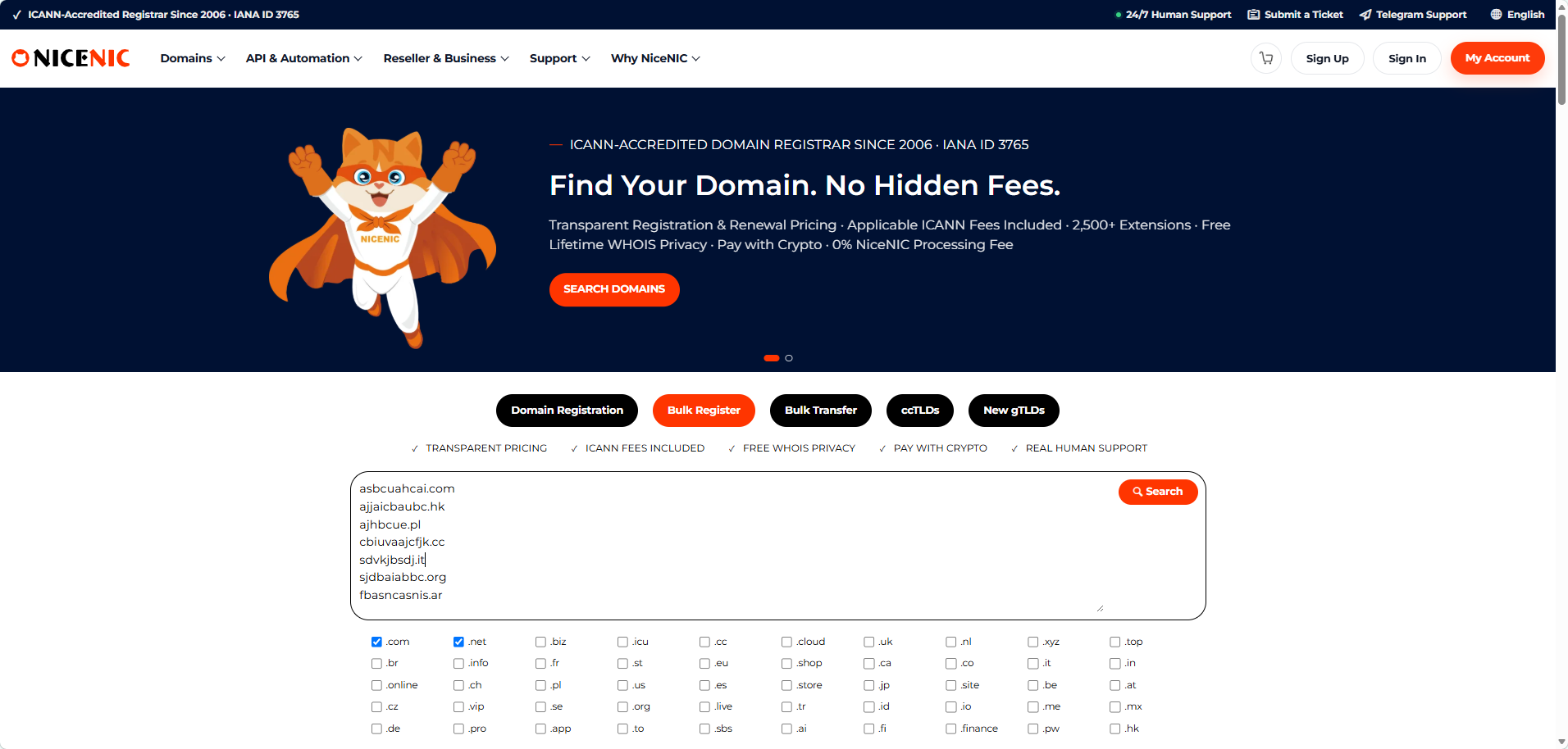 Enter multiple domain names in NiceNIC Bulk Domain Search, then click Search.