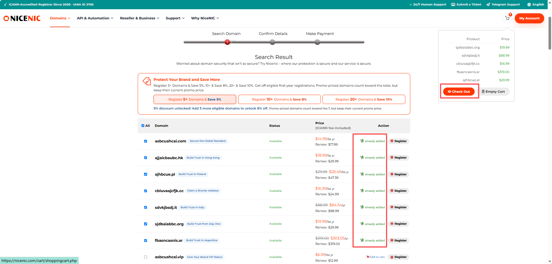 Select the available domains you want and review the current multi-domain discount tier.