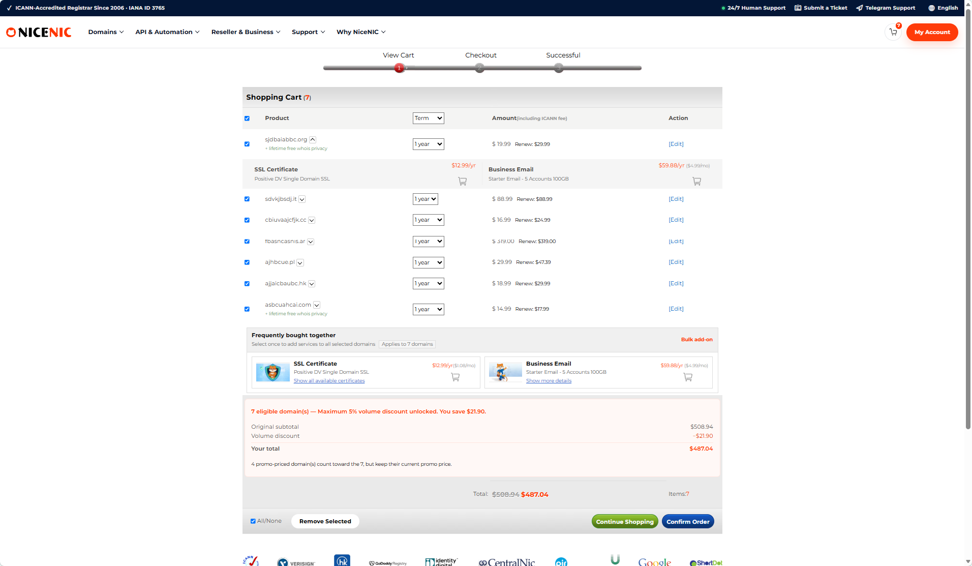 Review the selected domains, registration terms, renewal prices, and volume discount in the Shopping Cart.
