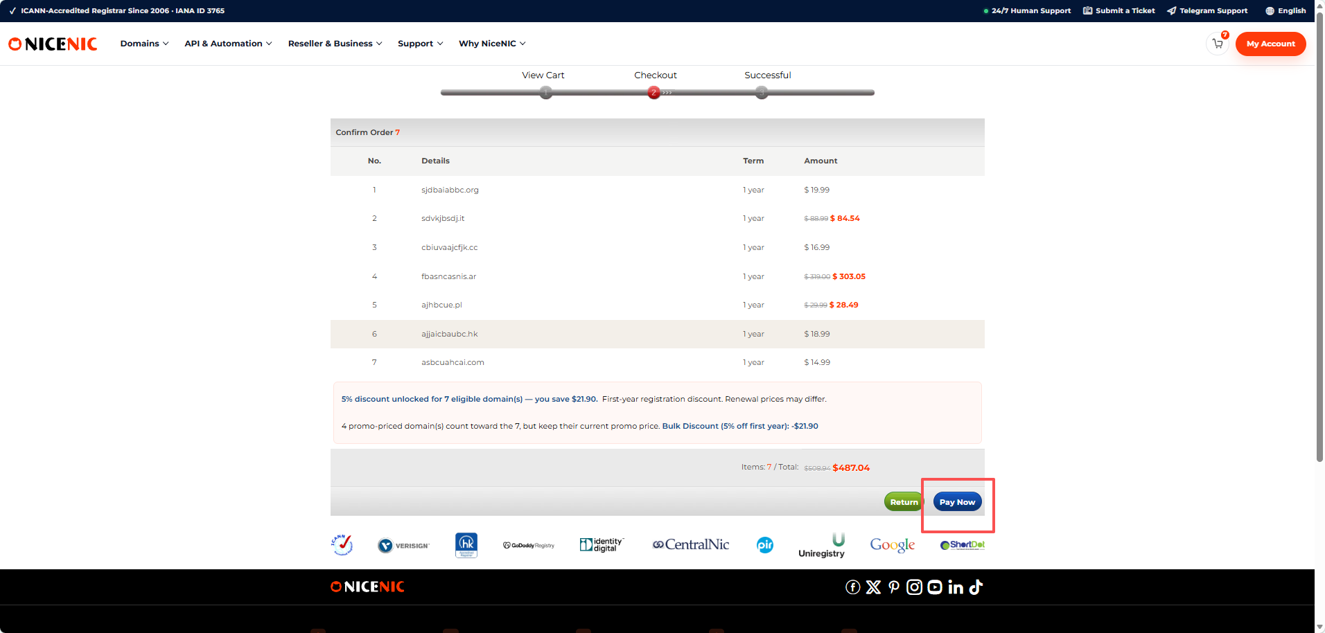 Confirm the selected domains and final discounted total before clicking Pay Now.