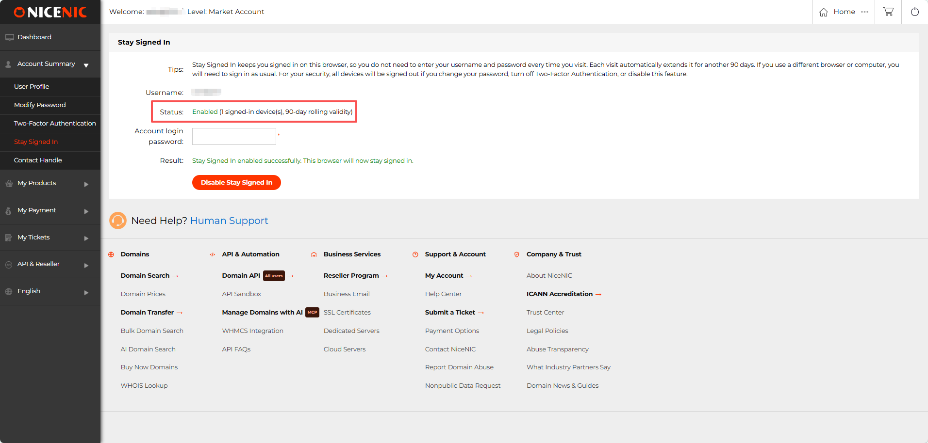After activation, the Control Panel shows the enabled status and 90-day rolling validity.